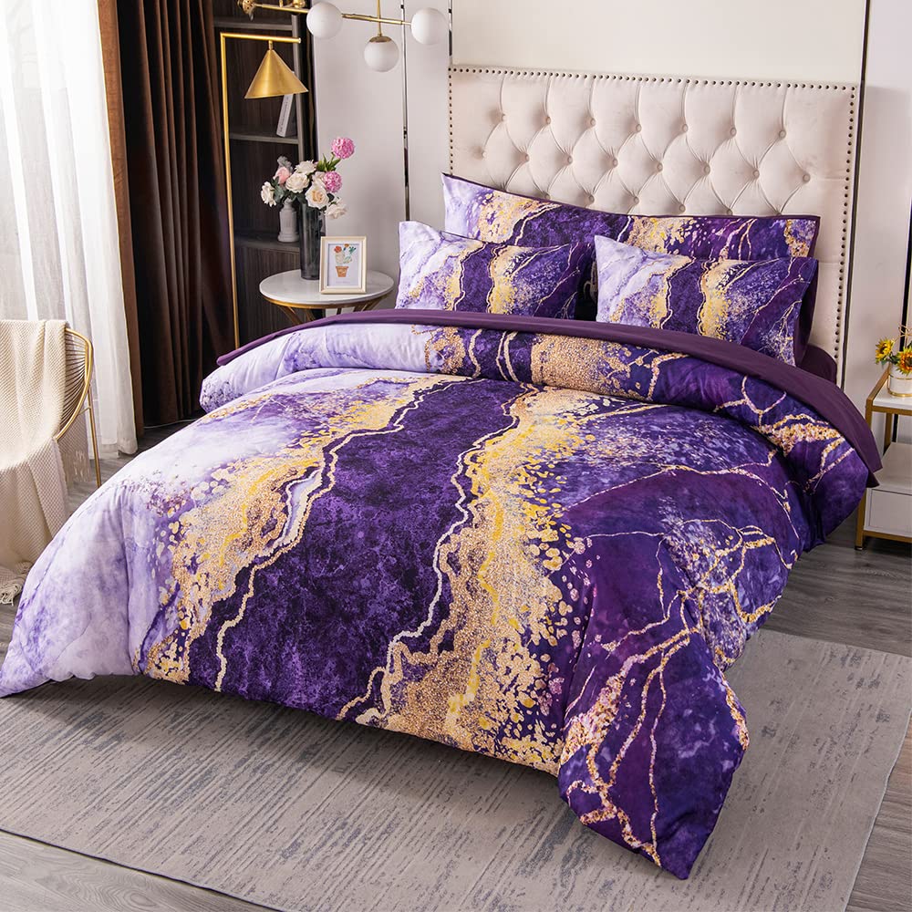 Perfemet Purple Comforter Set California King 6 Pieces Colorful Marble Patterned Bedding Comforter With Sheets Watercolor Abstra